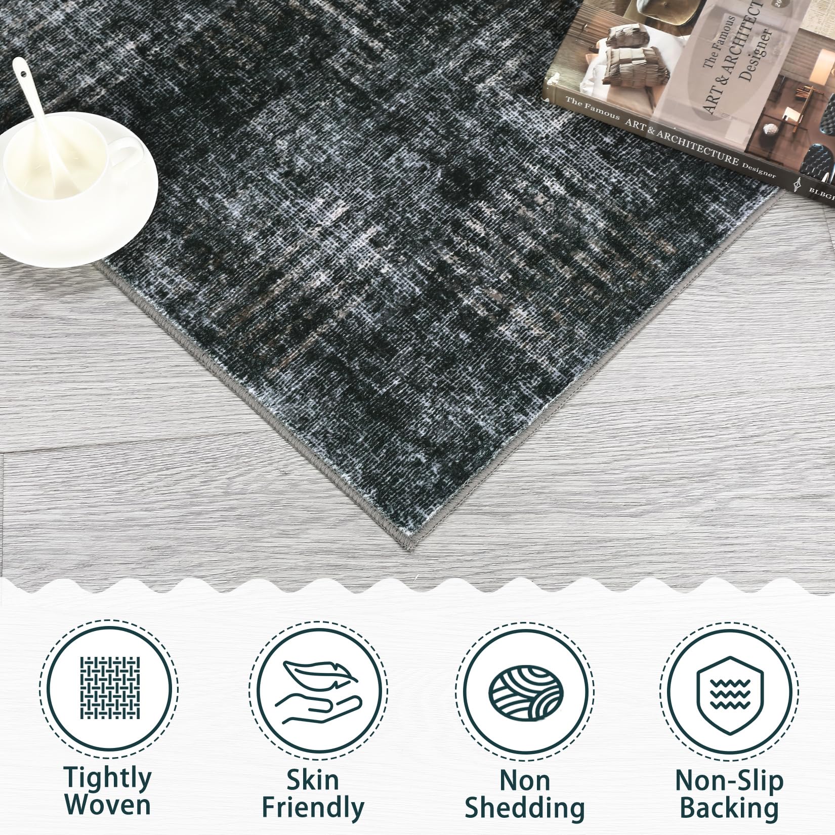 LUXLOOM Washable Area Rug 5x7 Rug for Living Room Bedroom Rug Modern Abstract Rug Farmhouse Non Slip Throw Rugs Soft Low Pile Foldable Thin Stain Resistant Carpet for Office Dining Room 5'x7' Black