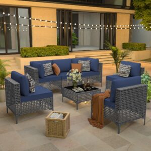 Kurapika 7 Pieces Wicker Patio Furniture Set, Outdoor Conversation Sets, Modular Outdoor Sectional Sofa w/4 Inch Cushion and Glass Coffee Table (Navy Blue Cushions, Grey Rattan)