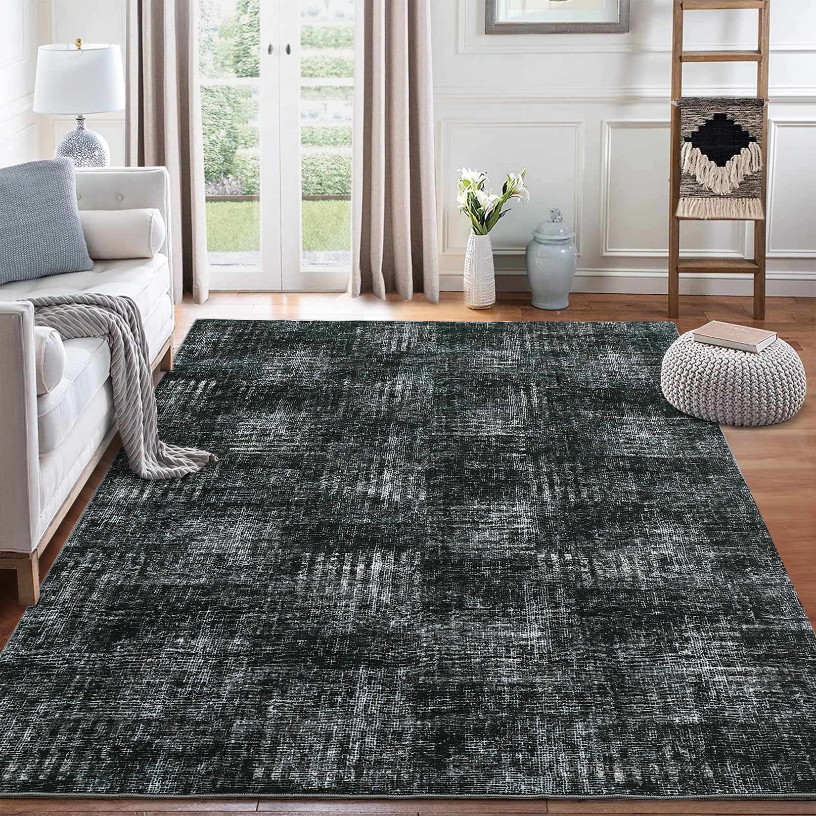 LUXLOOM Washable Area Rug 5x7 Rug for Living Room Bedroom Rug Modern Abstract Rug Farmhouse Non Slip Throw Rugs Soft Low Pile Foldable Thin Stain Resistant Carpet for Office Dining Room 5'x7' Black