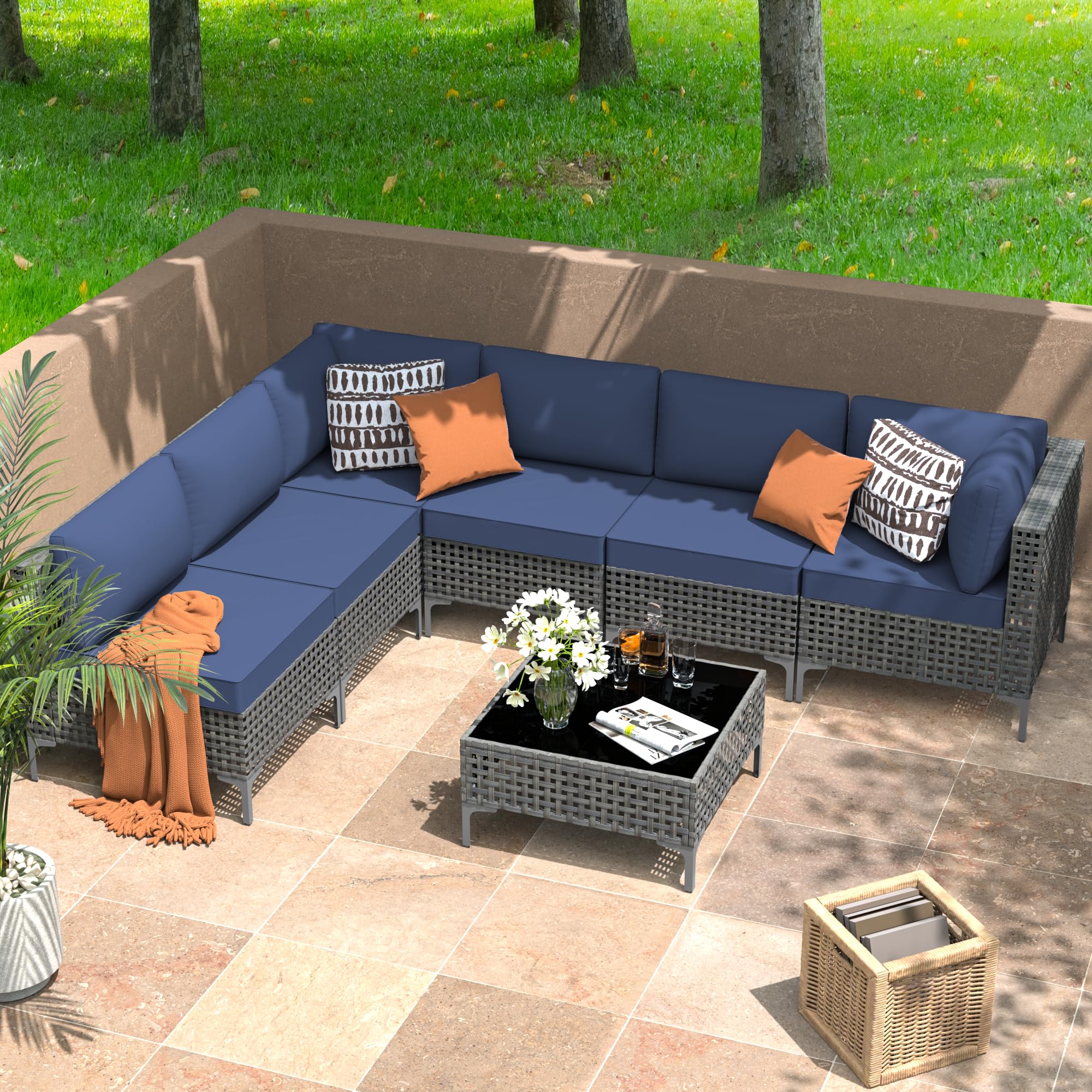 Kurapika 7 Pieces Wicker Patio Furniture Set, Outdoor Conversation Sets, Modular Outdoor Sectional Sofa w/4 Inch Cushion and Glass Coffee Table (Navy Blue Cushions, Grey Rattan)