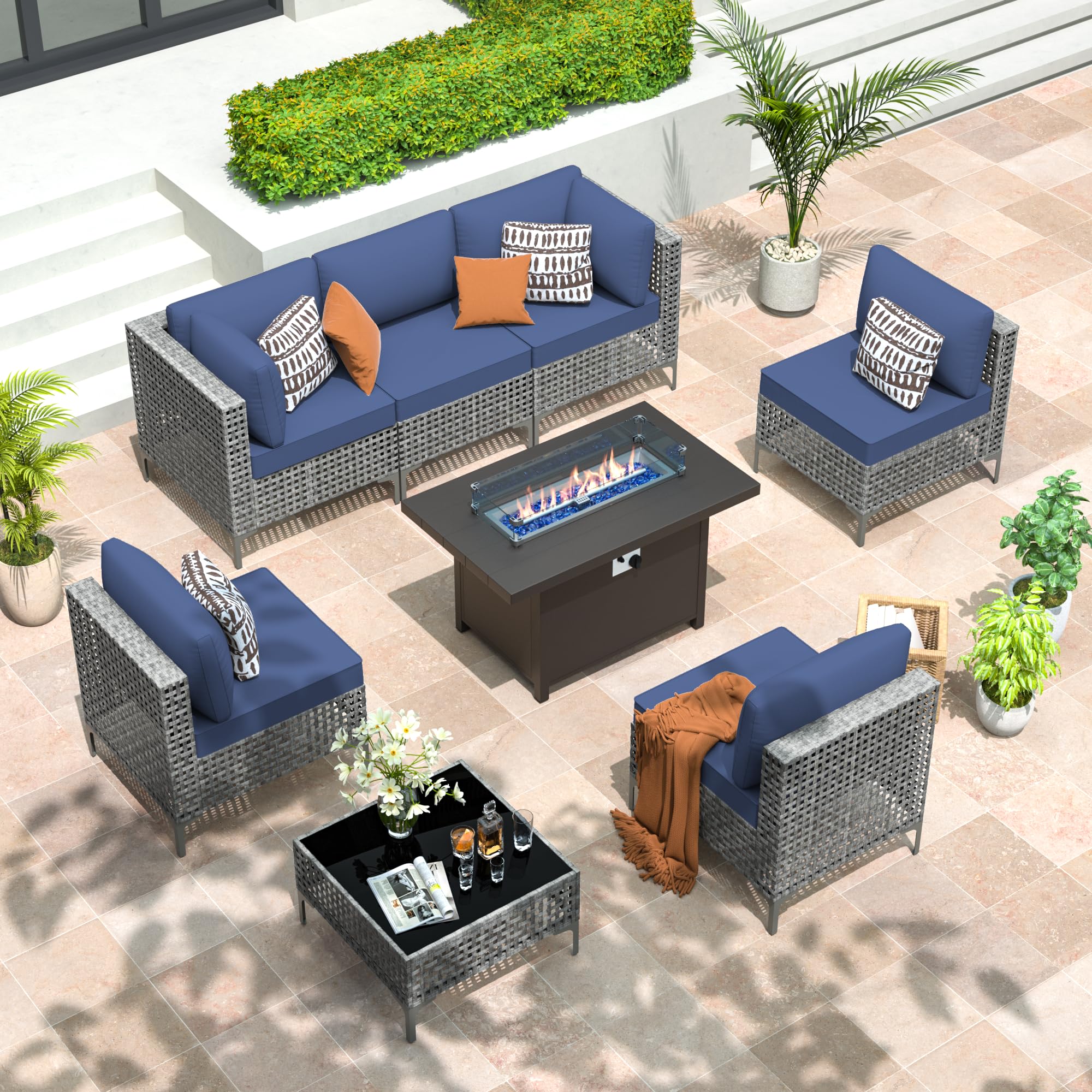 Kurapika 7 Pieces Wicker Patio Furniture Set, Outdoor Conversation Sets, Modular Outdoor Sectional Sofa w/4 Inch Cushion and Glass Coffee Table (Navy Blue Cushions, Grey Rattan)