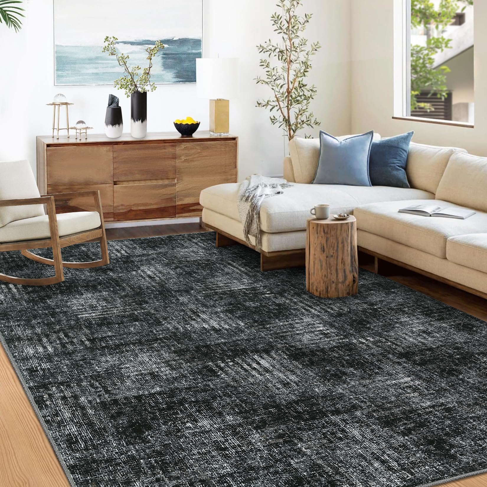 LUXLOOM Washable Area Rug 5x7 Rug for Living Room Bedroom Rug Modern Abstract Rug Farmhouse Non Slip Throw Rugs Soft Low Pile Foldable Thin Stain Resistant Carpet for Office Dining Room 5'x7' Black