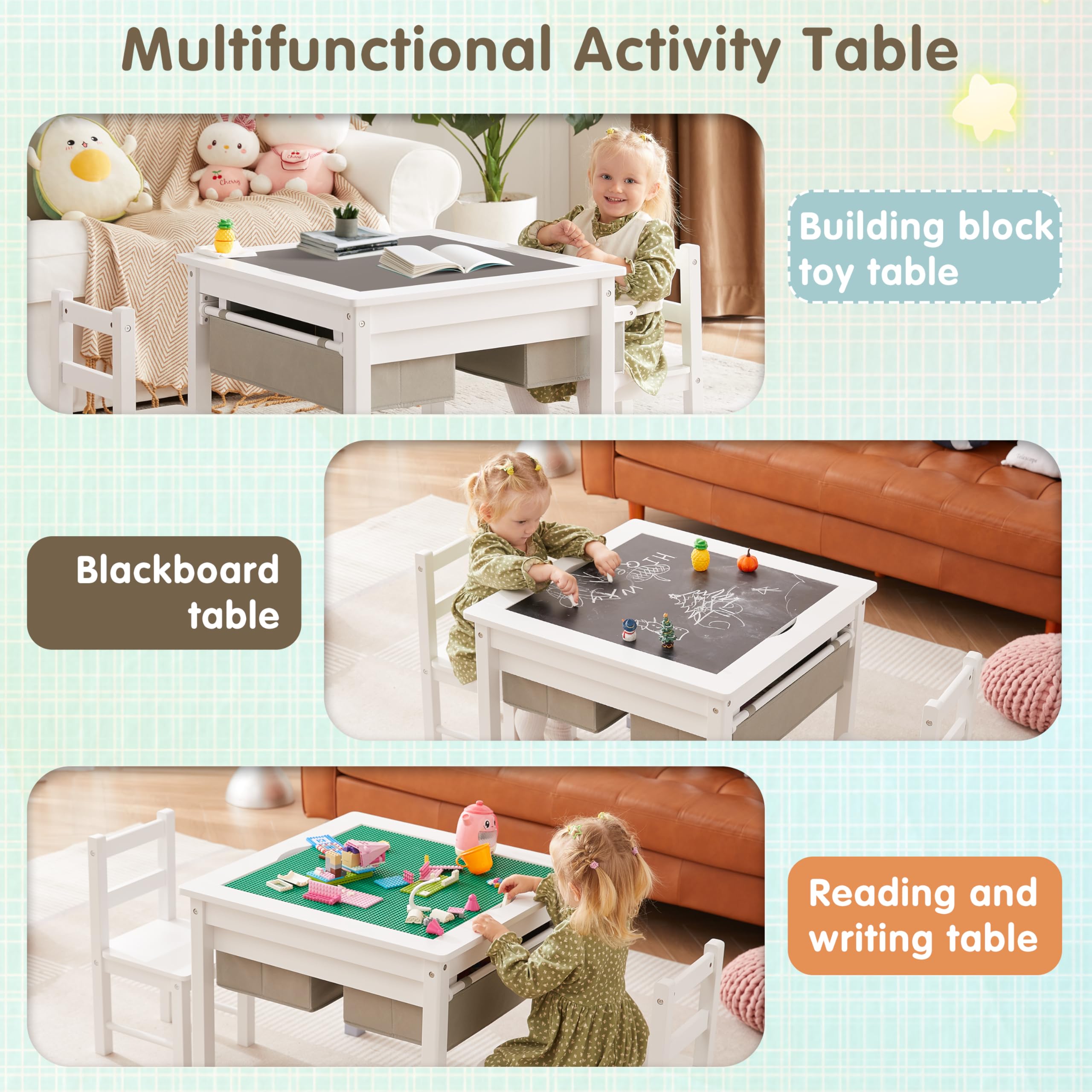 Onirw 3 in 1 Kids Table and 2 Chairs Set with Storage Drawers, Toddler Construction Play Table with Detachable Blocks and Blackboard Tabletop, Compatible with Lego and Duplo Bricks (White)