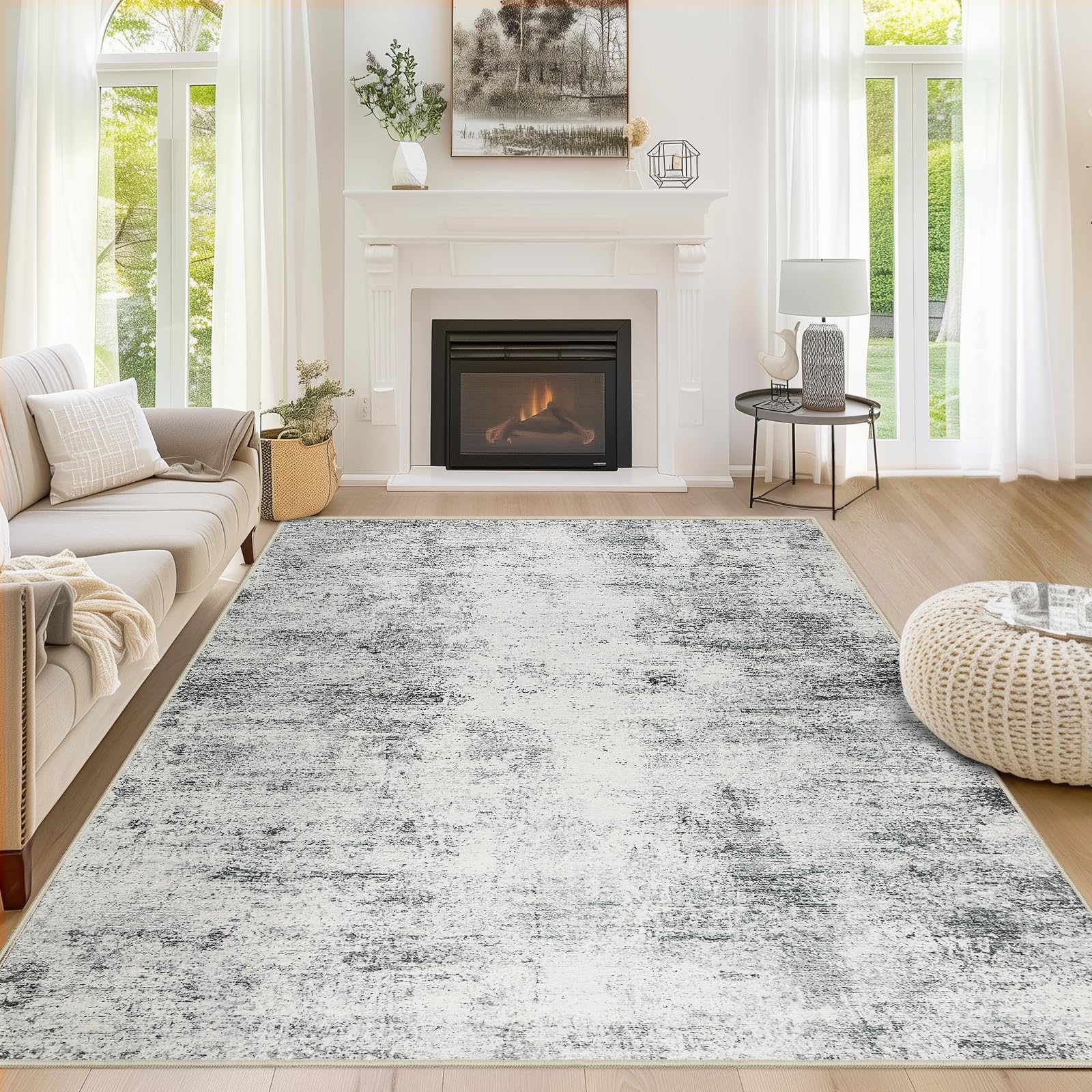 Capslpad 5x7 Abstract Area Rug, Non-Slip Washable Foldable Rug, Low Pile Ultra Soft Non-Shedding, Modern Grey Stain Resistant Large Rug for Living Room, Bedroom, Office, Dining, Room