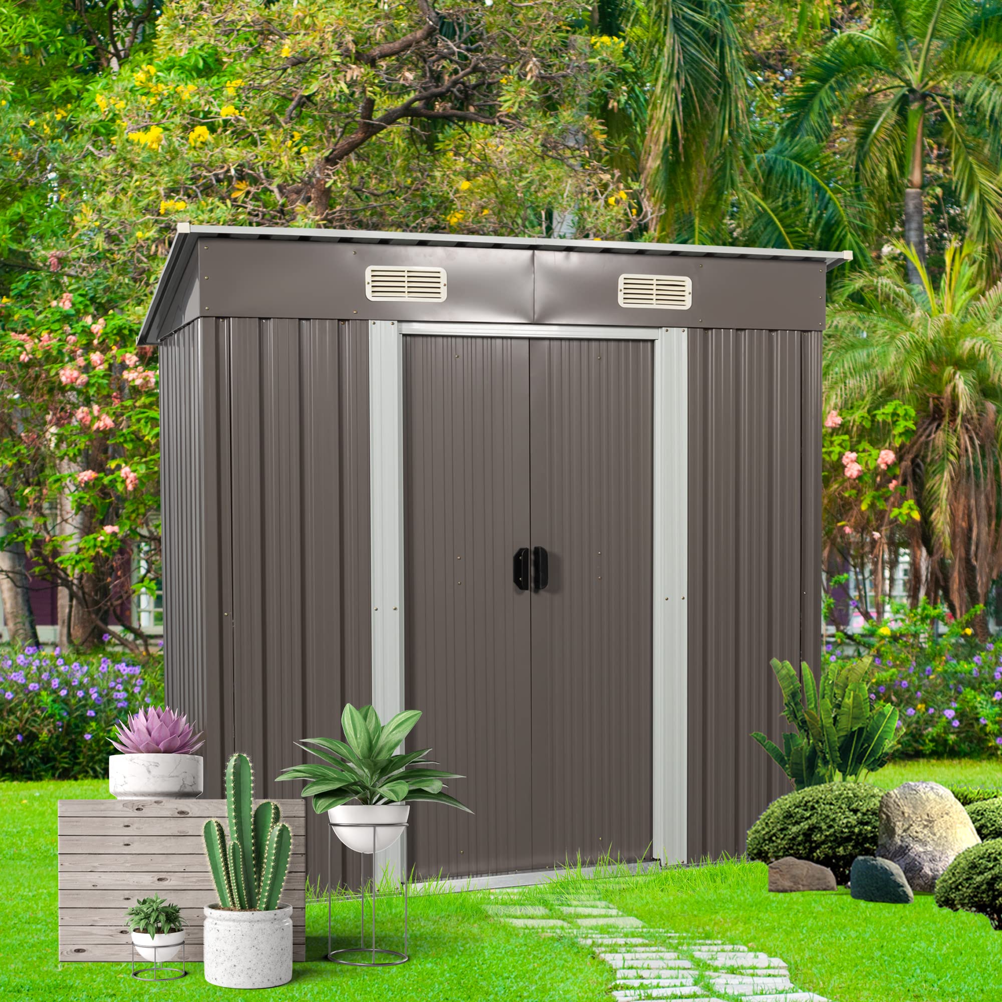 Huisuilinss Metal Outdoor Storage Shed 6x4 FT, with Floor Frame Waterproof UV Protection Storage House Garden Shed with Lockable Door for Garden Backyard Patio Lawn