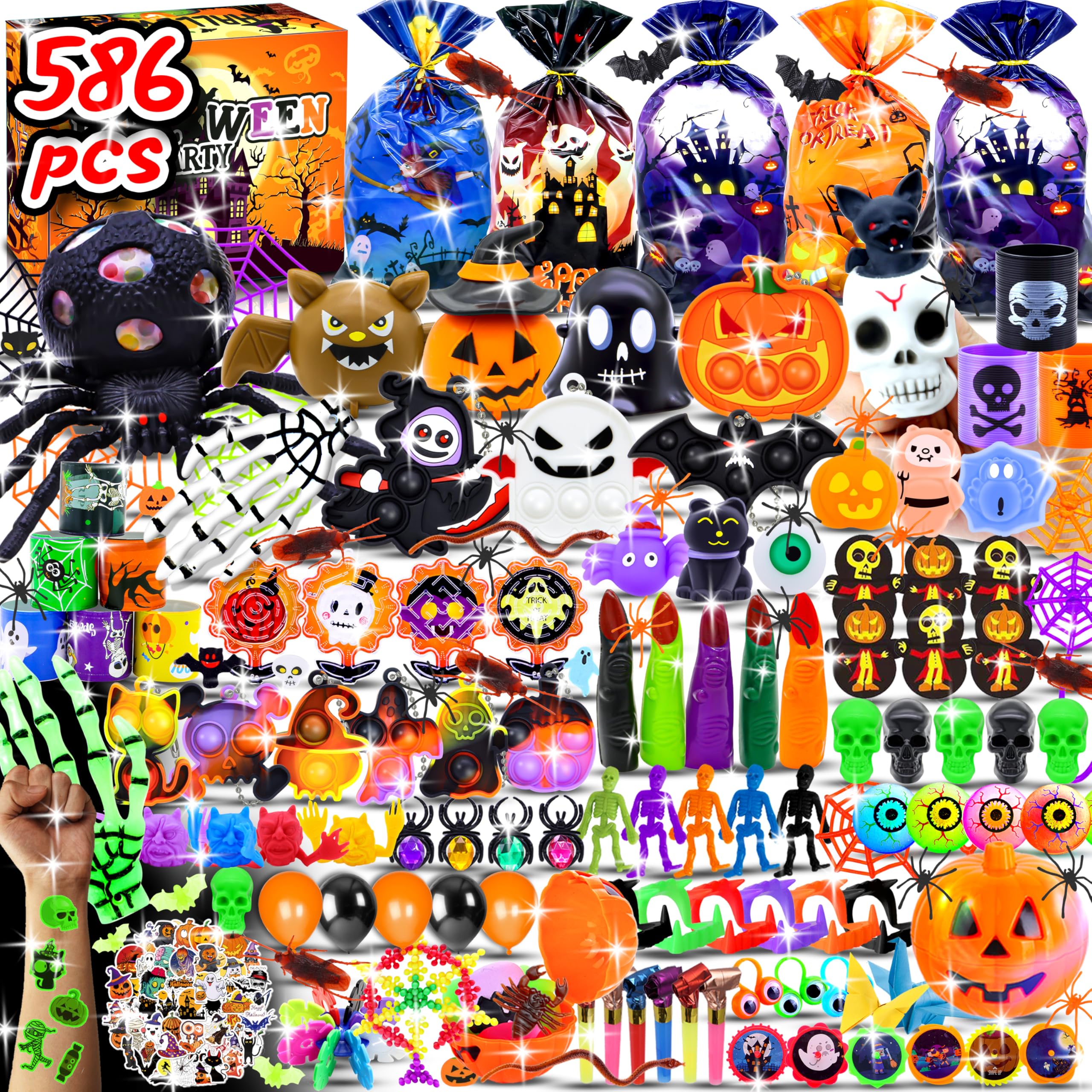 586 PCS Halloween Party Favors for Kids, Bulk Halloween Toys for Trick or Treat Non Candy Fillers Classroom Prizes Halloween Goodie Bags Stuffers Treasure Box Toys Gifts for Kids Party Supplies