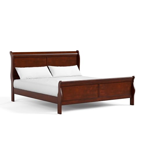 Furniture of America Arabella Traditional Wood King Bed Frame with Headboard and Footboard, Elegant Sleigh Design Bedframe for Bedroom, Guest Room, Easy Assembly, Box Spring Required, Cherry