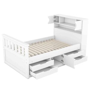 ATY Twin Size Platform Bed with Storage Headboard and 4 Pull-Out Drawers, Wooden Captain Bedframe w/Footboard & Cabinet, Save Space Design, No Box Spring Needed, White