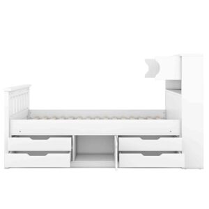 ATY Twin Size Platform Bed with Storage Headboard and 4 Pull-Out Drawers, Wooden Captain Bedframe w/Footboard & Cabinet, Save Space Design, No Box Spring Needed, White