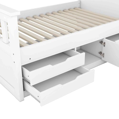 ATY Twin Size Platform Bed with Storage Headboard and 4 Pull-Out Drawers, Wooden Captain Bedframe w/Footboard & Cabinet, Save Space Design, No Box Spring Needed, White