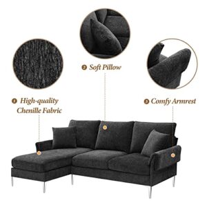 84" Convertible Sectional Couches for Living Room Sets, Chenille L Shaped Modular Couch with Reversible Lounge, L Shape Couch with Reversible Chaise, 4 Seat Sectional Sofa for Living Room Set, Black