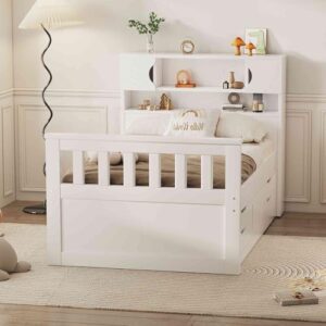 ATY Twin Size Platform Bed with Storage Headboard and 4 Pull-Out Drawers, Wooden Captain Bedframe w/Footboard & Cabinet, Save Space Design, No Box Spring Needed, White