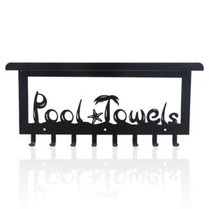 oyefly pool towel rack,wall mount towel hooks towel holder with 8 hooks,pool area outside sign (black with shelf, 16.1in)