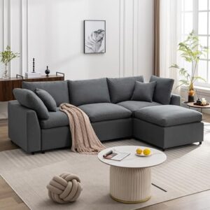 jintop 104" upholstery convertible sectional sofa,feather-filled l shaped couch with reversible, sleeper chaise w/sloped armrest design,living room furniture for apartment,office,dark gray, 104.3