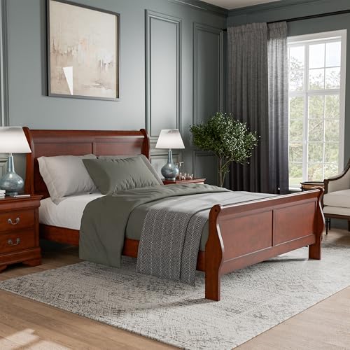 Furniture of America Arabella Traditional Wood King Bed Frame with Headboard and Footboard, Elegant Sleigh Design Bedframe for Bedroom, Guest Room, Easy Assembly, Box Spring Required, Cherry