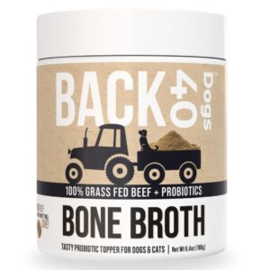 back 40 dogs grass-fed beef bone broth powder for dogs with probiotics, chondroitin & glucosamine – supports gut health, joint & immune system – human grade dog food toppers for picky eaters, 6.4oz