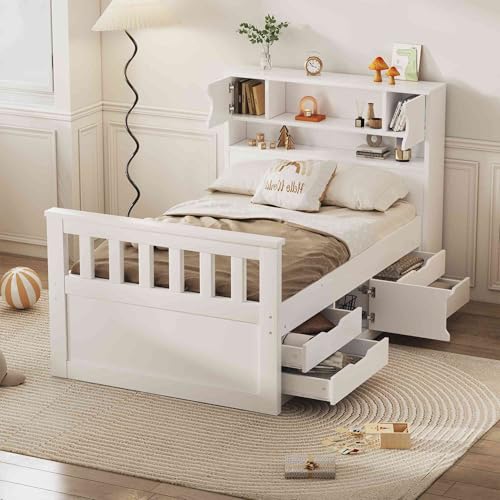 ATY Twin Size Platform Bed with Storage Headboard and 4 Pull-Out Drawers, Wooden Captain Bedframe w/Footboard & Cabinet, Save Space Design, No Box Spring Needed, White