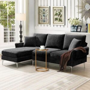 84" convertible sectional couches for living room sets, chenille l shaped modular couch with reversible lounge, l shape couch with reversible chaise, 4 seat sectional sofa for living room set, black