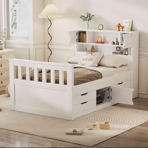 ATY Twin Size Platform Bed with Storage Headboard and 4 Pull-Out Drawers, Wooden Captain Bedframe w/Footboard & Cabinet, Save Space Design, No Box Spring Needed, White