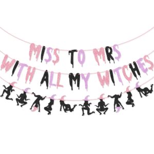 pink purple miss to mrs with all my witches banner garland for halloween bachelorette party decorations