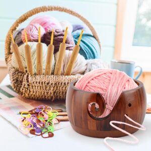 Wooden Yarn Bowl with 6pcs Metal Crochet Hooks and 50pcs Crochet Stitch Markers, Knitting Yarn Bowl with Holes Storage, Handmade Yarn Storage Bowl for DIY Knitting Crocheting Accessories