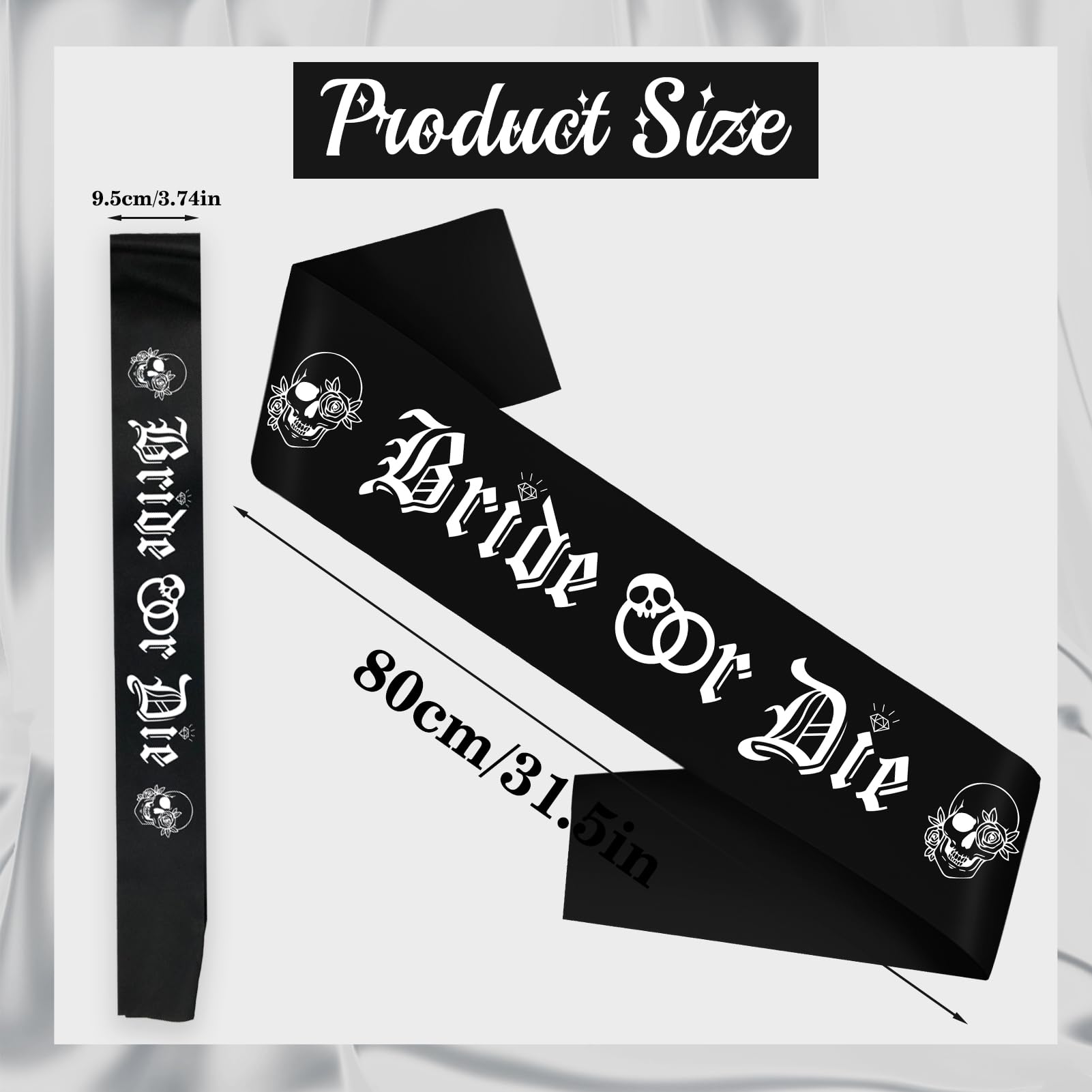 Gothic Bride or Die Sash with White Printed, Black Bride to Be Bachelorette Sash for Hen Party Bridal Shower Engagement Wedding Party Decorations Supplies Accessories Favors Gift (Black+White)