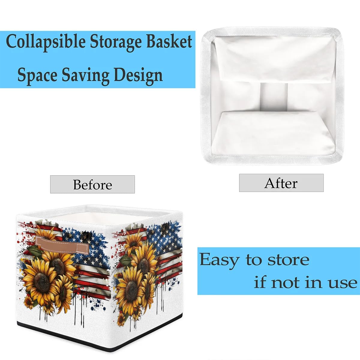 oooJHooo Storage Baskets for Shelves, Sunflower American Flag Waterproof Storage Bins, Collapsible Toy Storage Cubes Organizer with Handles, for Home Closet Nursery Office