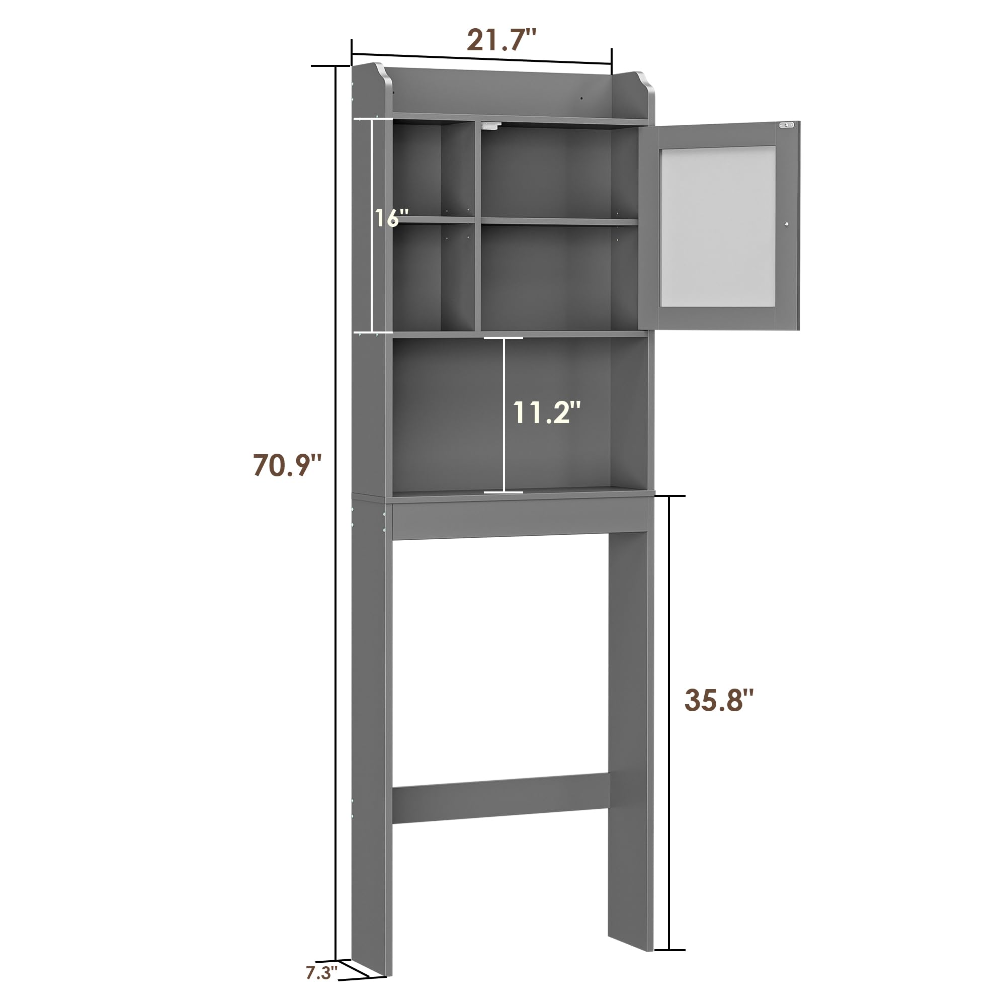 Nouva Over The Toilet Storage Cabinet - Glass Door Bathroom Shelf Storage Organizer with Adjustable Shelf Freestanding Toilet Rack Space Saver,Grey, AE453