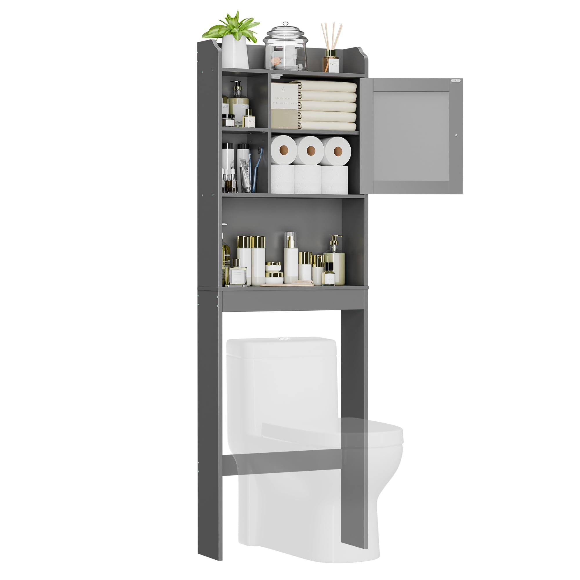 Nouva Over The Toilet Storage Cabinet - Glass Door Bathroom Shelf Storage Organizer with Adjustable Shelf Freestanding Toilet Rack Space Saver,Grey, AE453