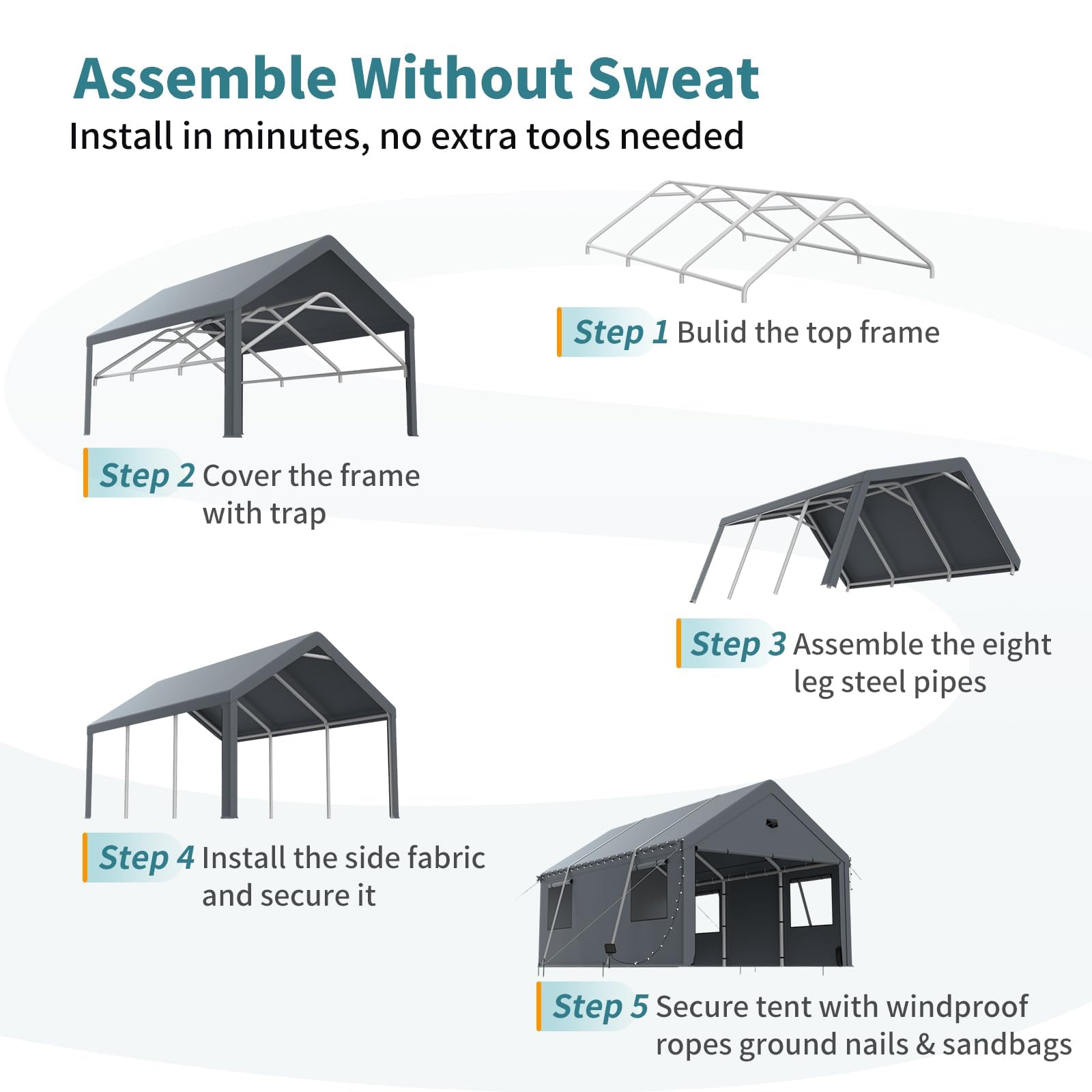 10x16 Carport, Heavy Duty Car Port with Galvanized Steel Frame, Removable Sidewalls & Doors, Portable Garage with Bindings, Sandbags and Lights, Car Shelter Shed Canopy for SUV, Truck, Boats