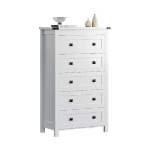 wodeer white 5 drawers dresser for bedroom,wood storage chest of drawers, dresser with metal handles,dressers organizer for bedroom, living room,hallway,nursery