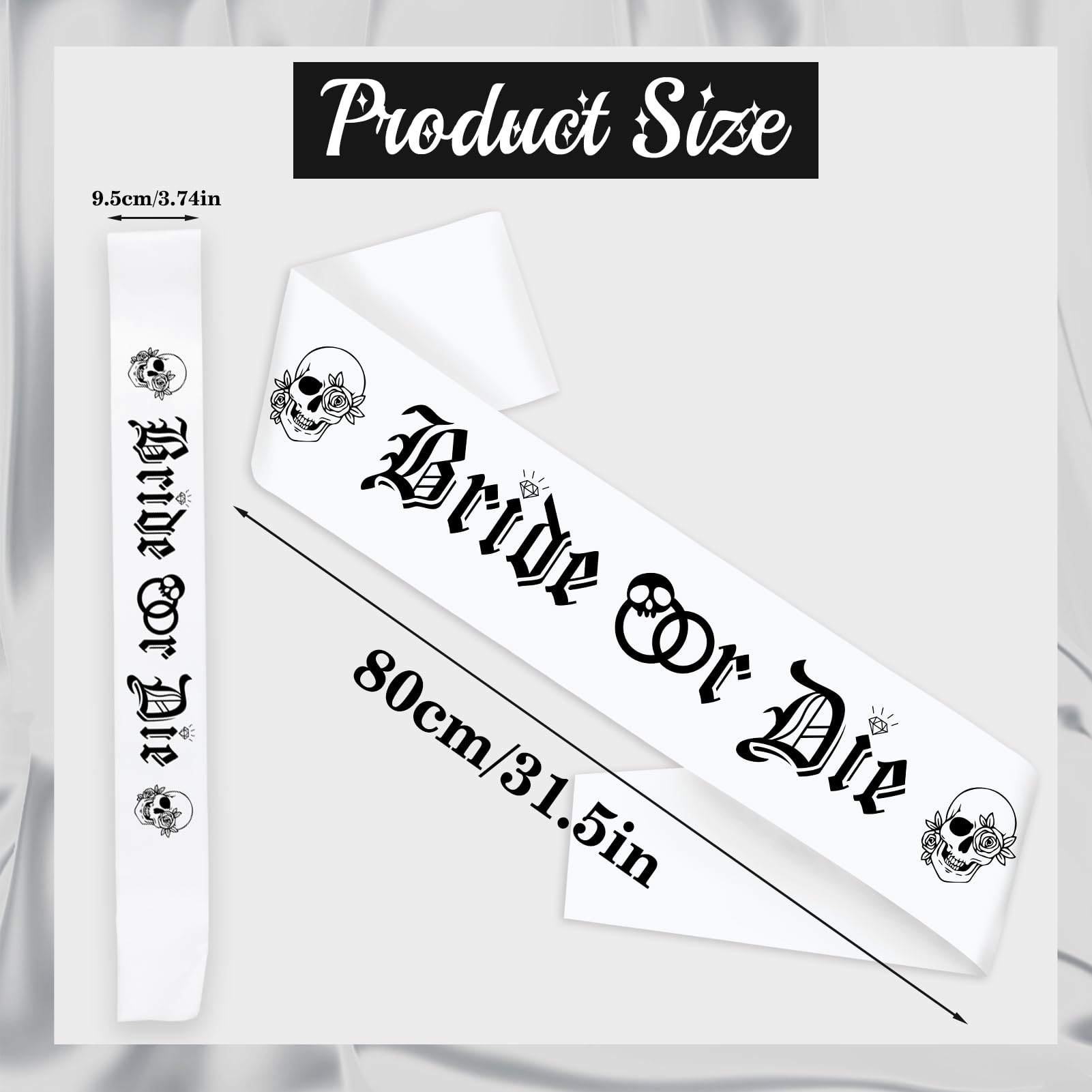 Gothic Bride or Die Sash with Black Printed, White Bride to Be Bachelorette Sash for Hen Party Bridal Shower Engagement Wedding Party Decorations Supplies Accessories Favors Gift (White+Black)