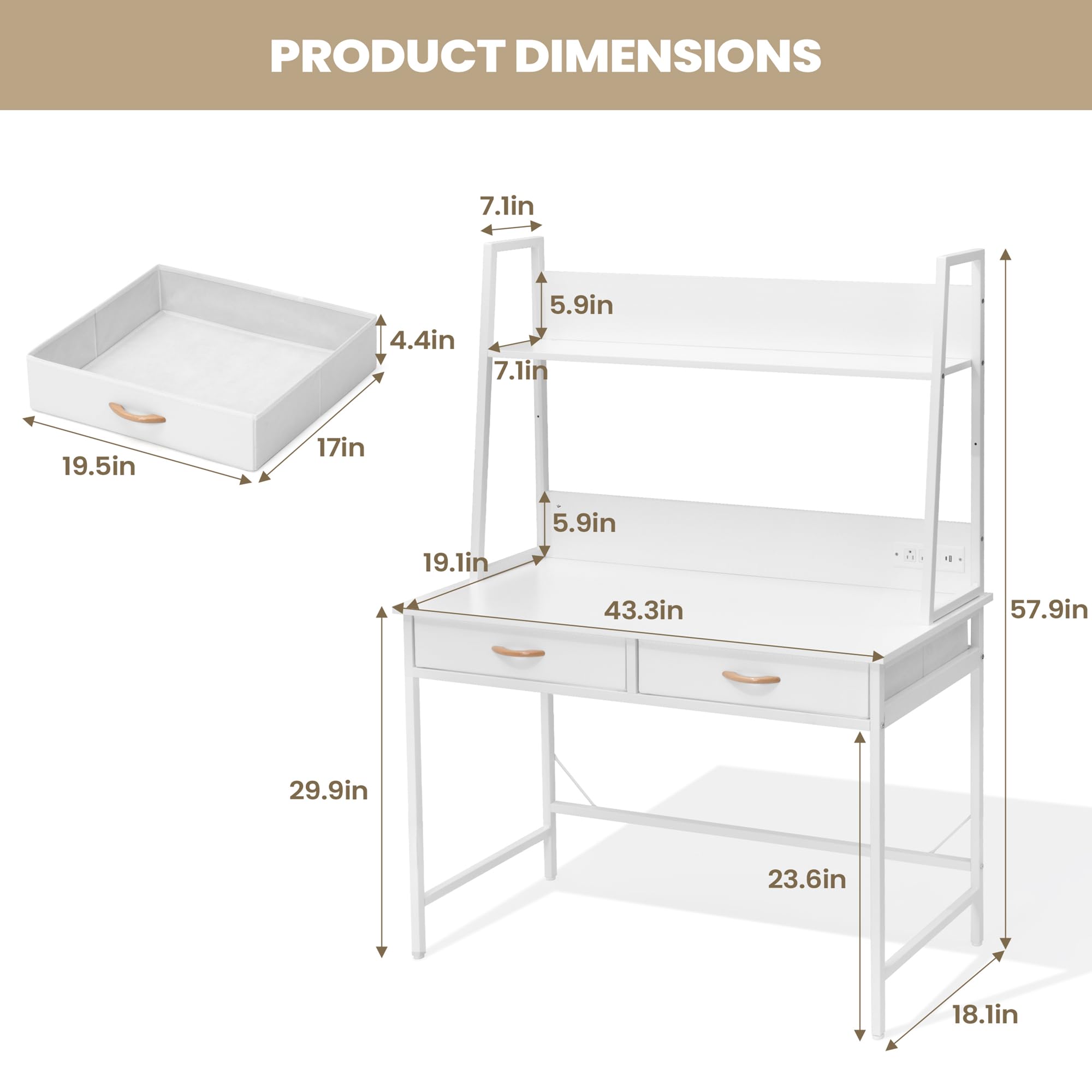 JOINHOM Home Office Desk with Drawers - Small Desks with Hutch & Book Shelves, Study Table for Small Spaces, Computer Desk with Power Outlet and USB Charging Ports, White