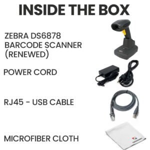 Zebra Wireless Barcode Scanner DS6878 Bundle - Includes Zebra Symbol 1D/2D Barcode & QR Code Scanner w/Bluetooth Connection, Rechargeable Battery, USB Cord, Microfiber Cloth (Renewed)