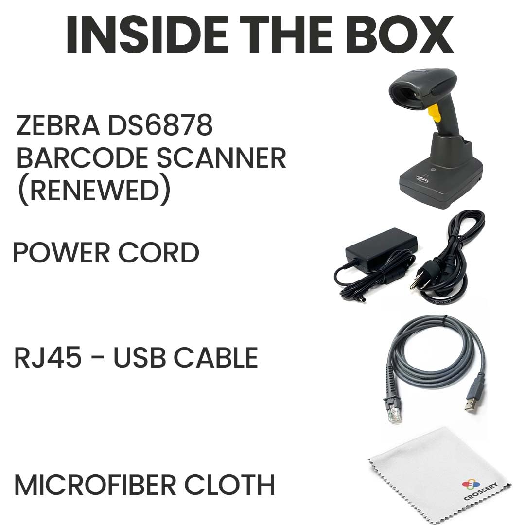 Zebra Wireless Barcode Scanner DS6878 Bundle - Includes Zebra Symbol 1D/2D Barcode & QR Code Scanner w/Bluetooth Connection, Rechargeable Battery, USB Cord, Microfiber Cloth (Renewed)