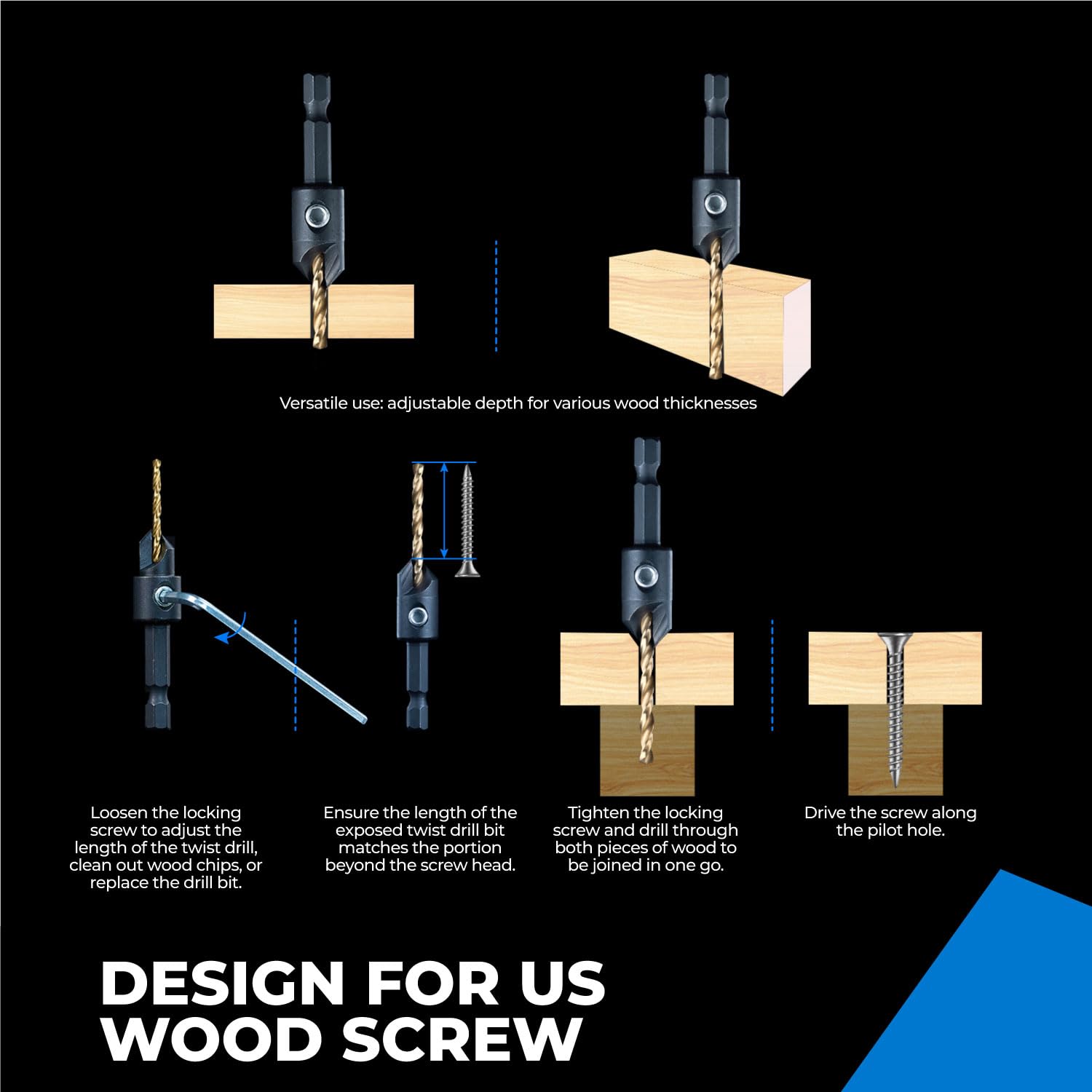 toolant Silence Combination Countersink Drill Bits Set, #4, #6, #8, #10, #12, High-Speed Steel Counter Sink Drill Bit for US Wood Screw