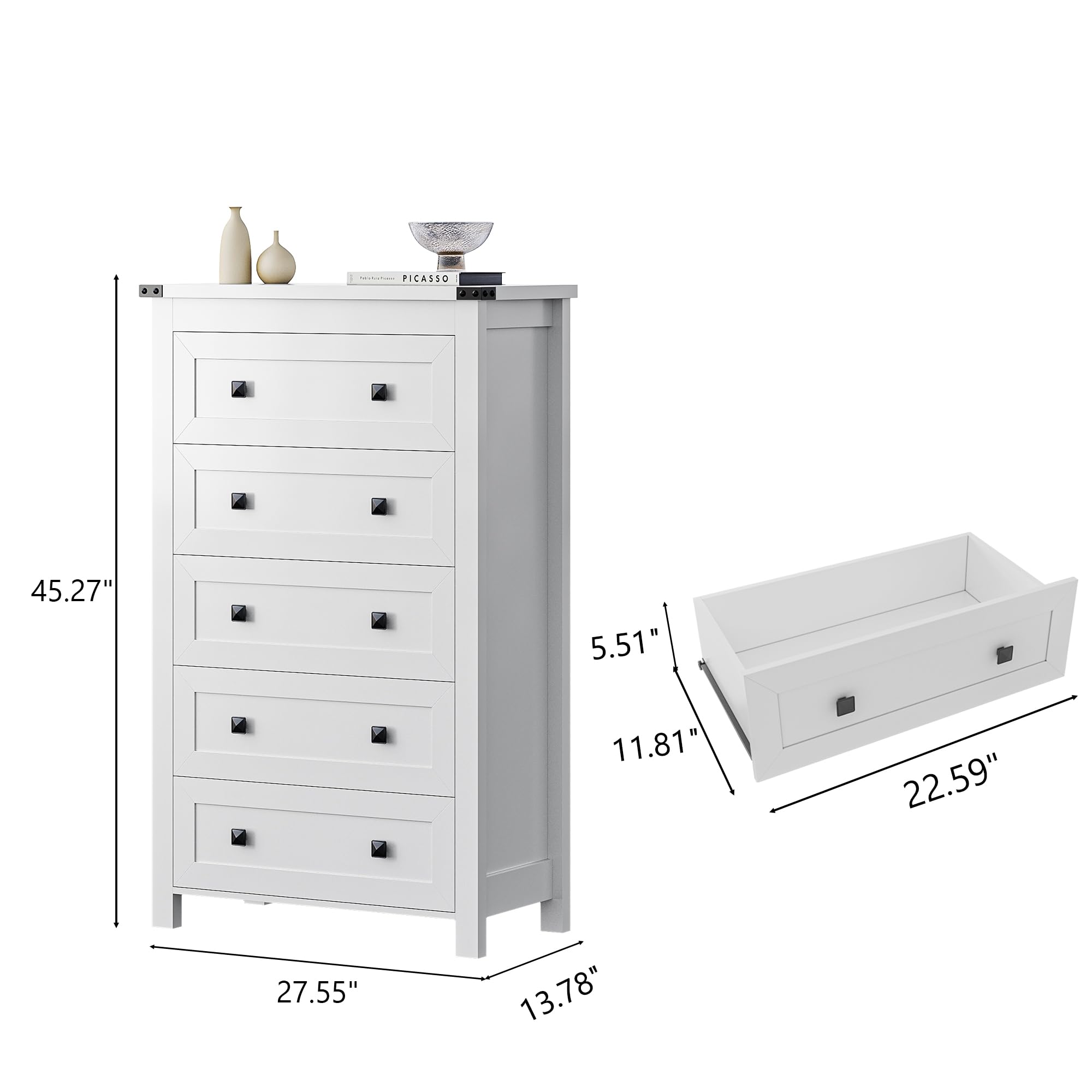 Wodeer White 5 Drawers Dresser for Bedroom,Wood Storage Chest of Drawers, Dresser with Metal Handles,Dressers Organizer for Bedroom, Living Room,Hallway,Nursery