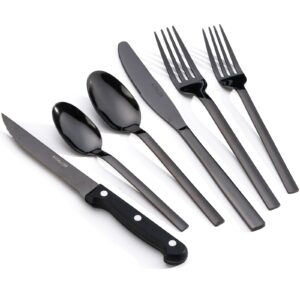 selukiya 24 pcs silverware flatware service for 4, 18/0 stainless steel tableware with steak knives, high mirror polished cutlery set in ergonomic design size and weight, dishwasher safe, black