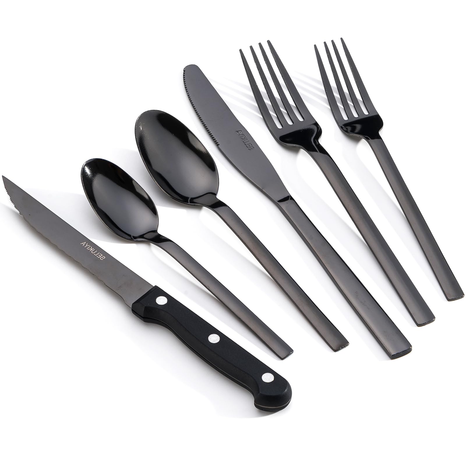 SELUKIYA 24 Pcs Silverware Flatware Service for 4, 18/0 Stainless Steel Tableware with Steak Knives, High Mirror Polished Cutlery Set in Ergonomic Design Size and Weight, Dishwasher Safe, Black