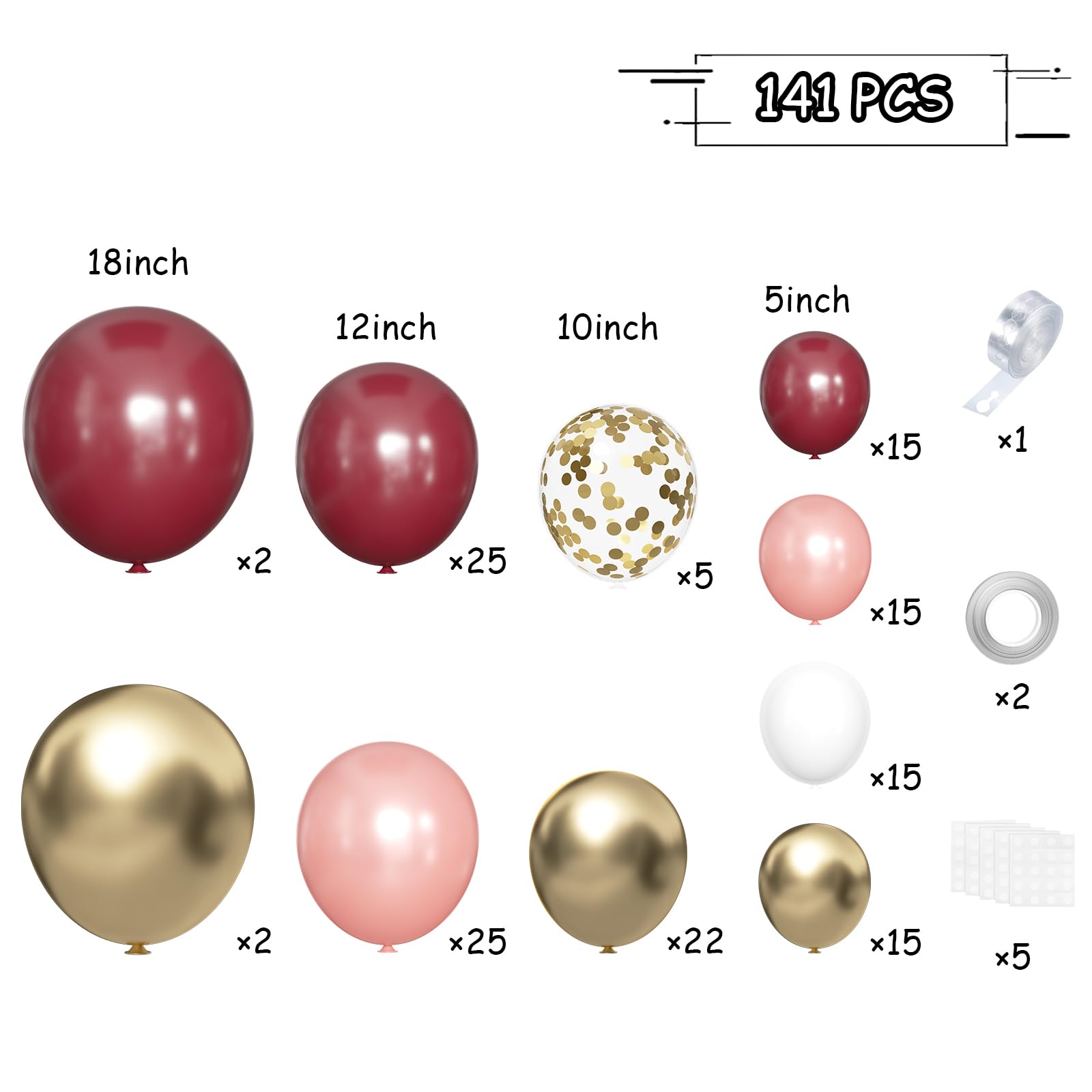 MEBAY Burgundy Balloon Arch Kit, 141 Pcs Maroon Metallic Chrome Gold Rose Gold and White Latex Balloons Different Sizes 18 12 10 5 Inch for Birthday Wedding Anniversary Bridal Bachelorette Wine Party