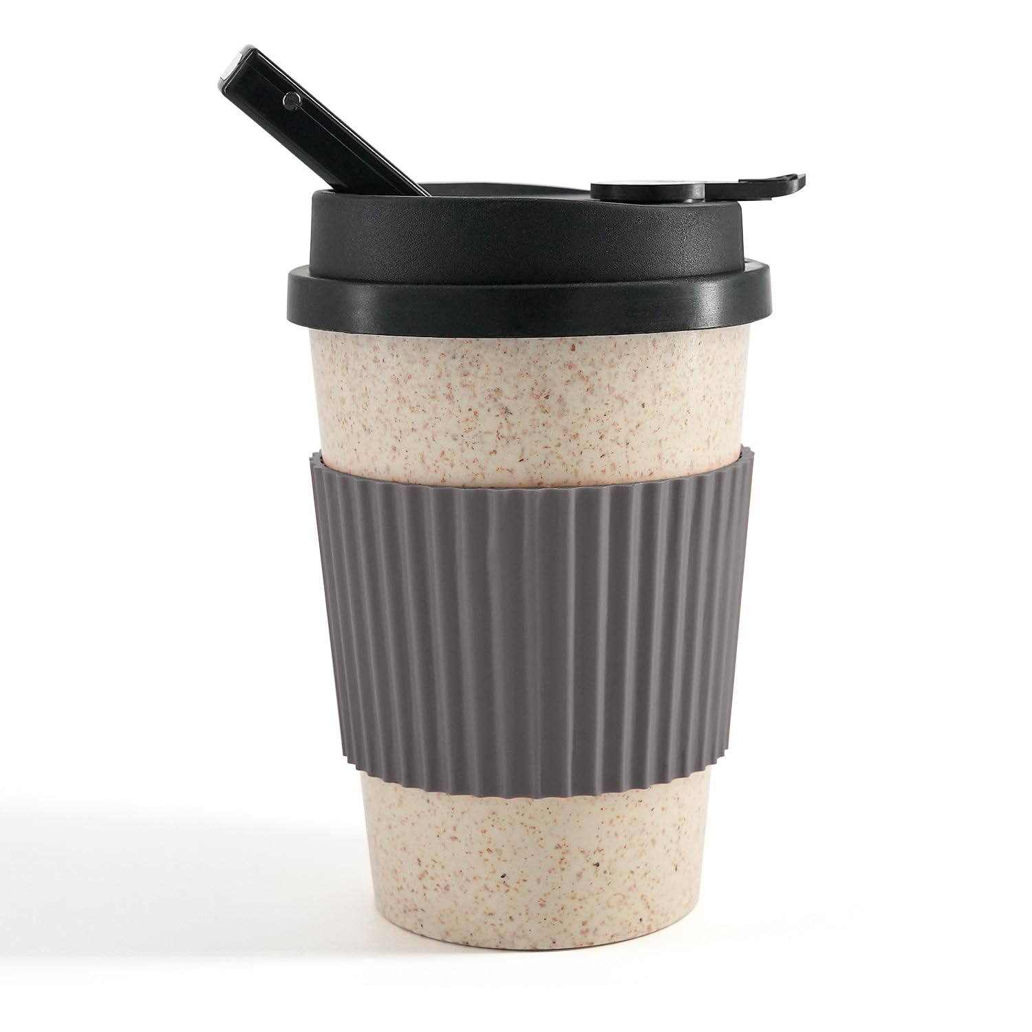 Portable Coffee Cup with Ceramic Bowl & High-Temperature Silicone | Unique Concealable Style for Gatherings(Grey Sleeve)