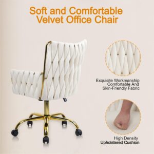 CLATINA Velvet Home Office Chair, Modern Ergonomic Swivel Vanity Chair with Arm and Wheels, Mid Back Desk Chair with Gold Base for Computer Study Makeup Living Room Bedroom, White (White, 1 PK)