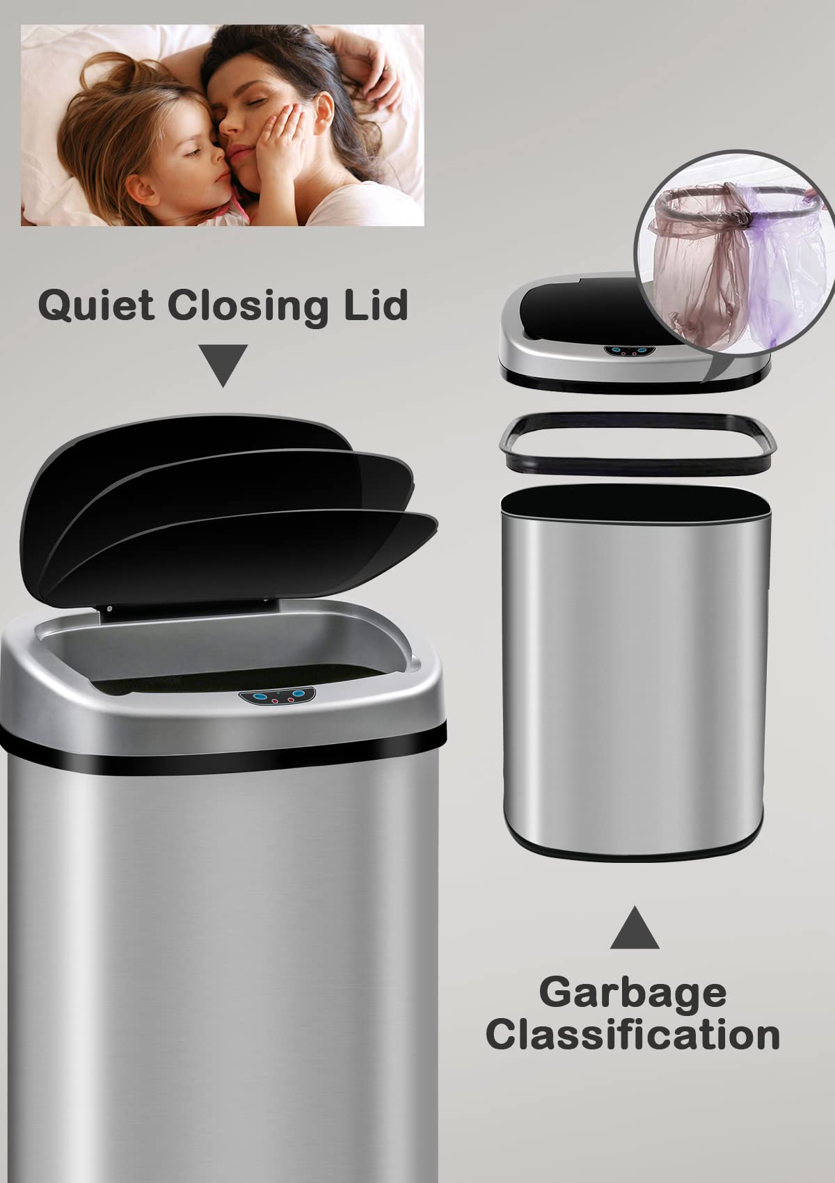 Trash Can, Motion Sensor Garbage Can 13 Gallon, Touchless Kitchen Trash Cans with Lid, Stainless Steel Sensor Garbage Cans for Kitchen, Automatic Small Trash Can for Bathroom Bedroom Home, Sliver