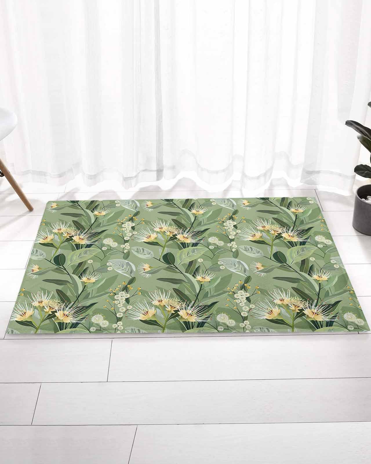 Edwiinsa Tropical Flower Plush Rug Non Slip Bathroom Mat, Soft Shaggy Bath Rugs Entryway Rug 18'' x 30'', Green Palm Leaves Botanical Spring Summer Throw Floor Carpet Mat for Bathroom Shower Kitchen