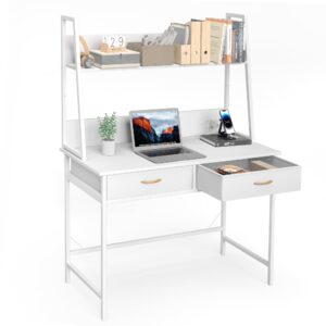 JOINHOM Home Office Desk with Drawers - Small Desks with Hutch & Book Shelves, Study Table for Small Spaces, Computer Desk with Power Outlet and USB Charging Ports, White