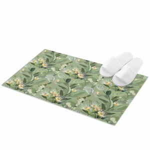 Edwiinsa Tropical Flower Plush Rug Non Slip Bathroom Mat, Soft Shaggy Bath Rugs Entryway Rug 18'' x 30'', Green Palm Leaves Botanical Spring Summer Throw Floor Carpet Mat for Bathroom Shower Kitchen