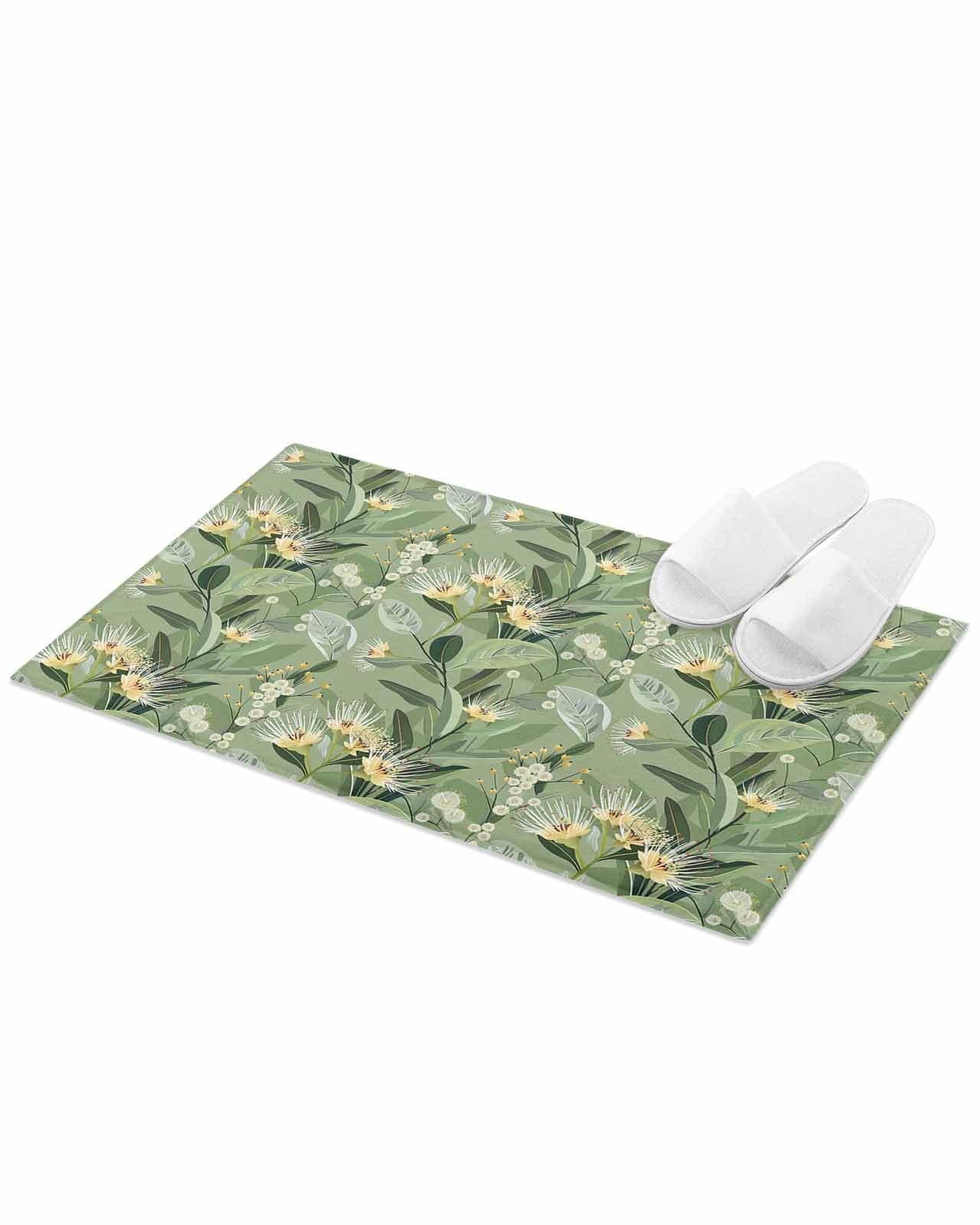 Edwiinsa Tropical Flower Plush Rug Non Slip Bathroom Mat, Soft Shaggy Bath Rugs Entryway Rug 18'' x 30'', Green Palm Leaves Botanical Spring Summer Throw Floor Carpet Mat for Bathroom Shower Kitchen