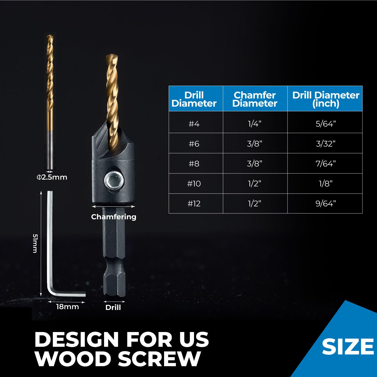 toolant Silence Combination Countersink Drill Bits Set, #4, #6, #8, #10, #12, High-Speed Steel Counter Sink Drill Bit for US Wood Screw