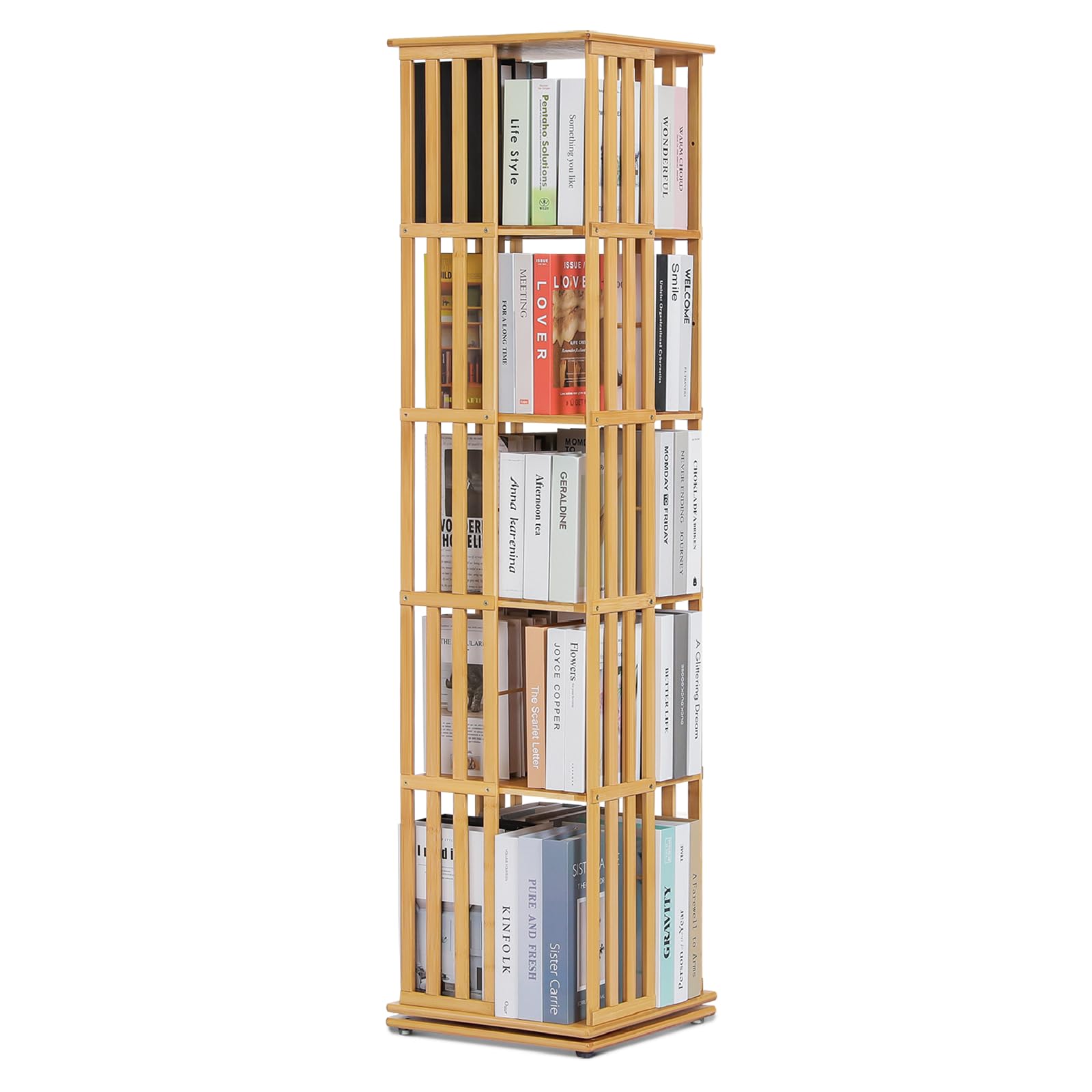 Athena Collection Rotating Book Shelf Corner Bookcase, Floorstanding 5-Tier Modern Open Bookshelf Book Case, 360 Display Wood Shelf Book Storage Rack for Office Bedroom Living Room Furniture, Natural