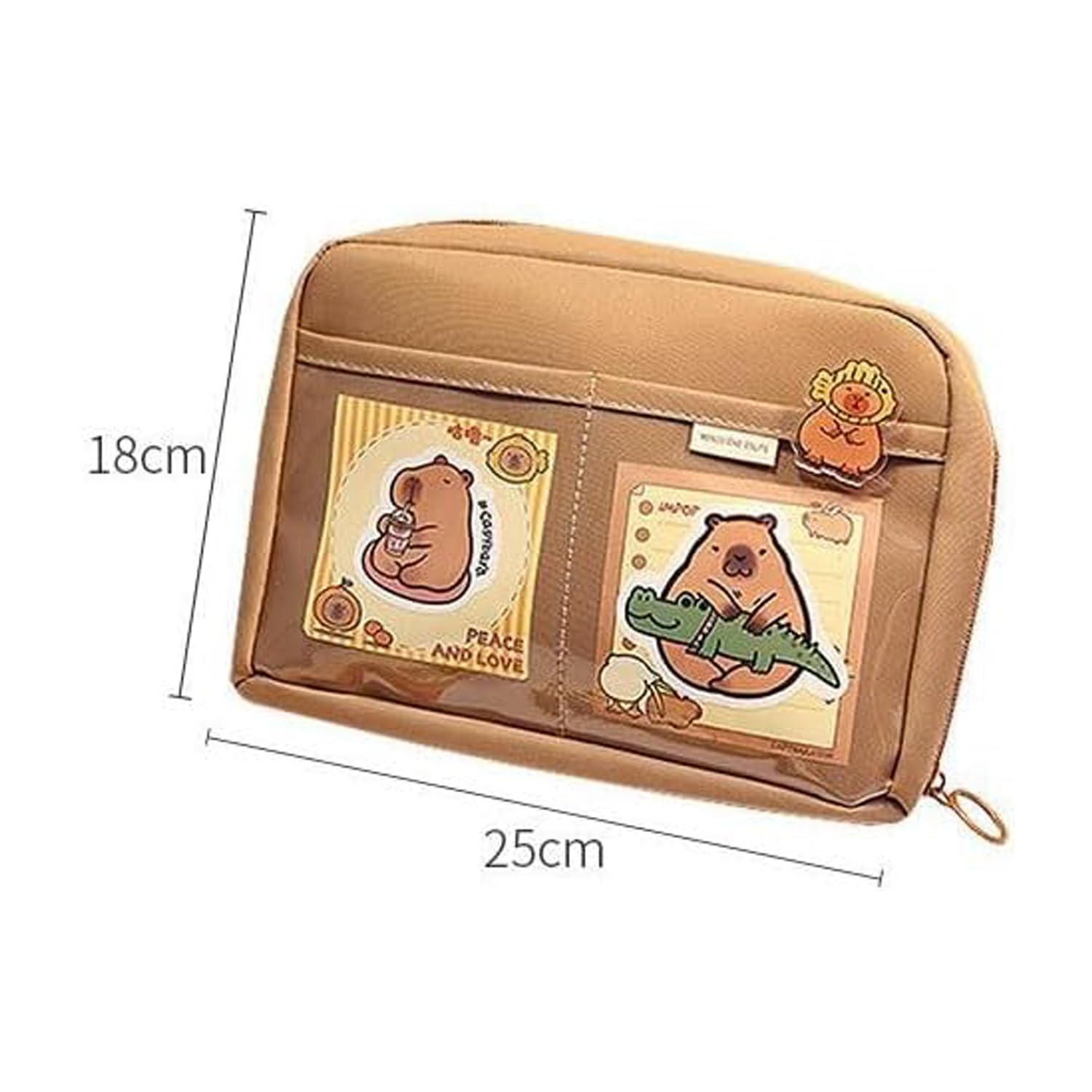 LEEWENYAN Capybara Pencil Case with 12 Compartments 90° Wide Opening Mouth Pencil Pouch with Kawaii Pins Plush Cute Stationery (Brown)